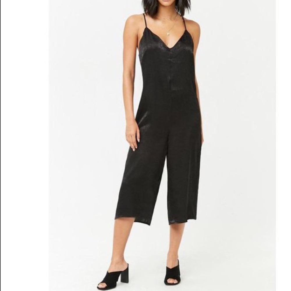 Black satin culottes romper